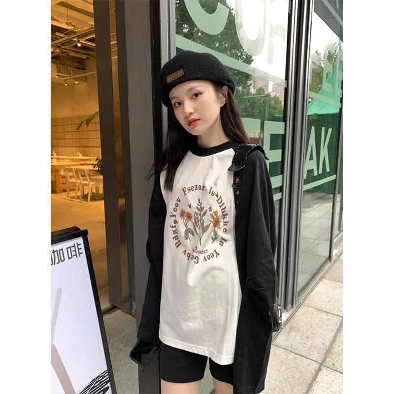 Áo thun dài tay phối màu Đen Trắng in hình, Áo Thun tay dài chất Cotton Xược