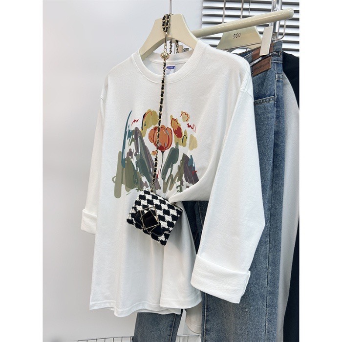 Áo thun tay dài cổ tròn nữ In hình JULY, Áo thun dáng rộng chất xược cotton