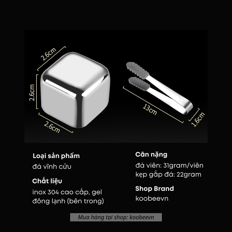 Đá vĩnh cửu Inox 304 cao cấp không tan lạnh sâu làm đá viên uống rượ u bi a (hộp từ 4 viên tặng kẹp gắp)| 013