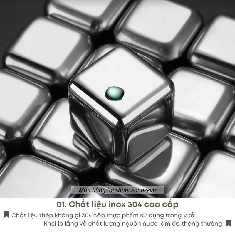 Đá vĩnh cửu Inox 304 cao cấp không tan lạnh sâu làm đá viên uống rượ u bi a (hộp từ 4 viên tặng kẹp gắp)| 013