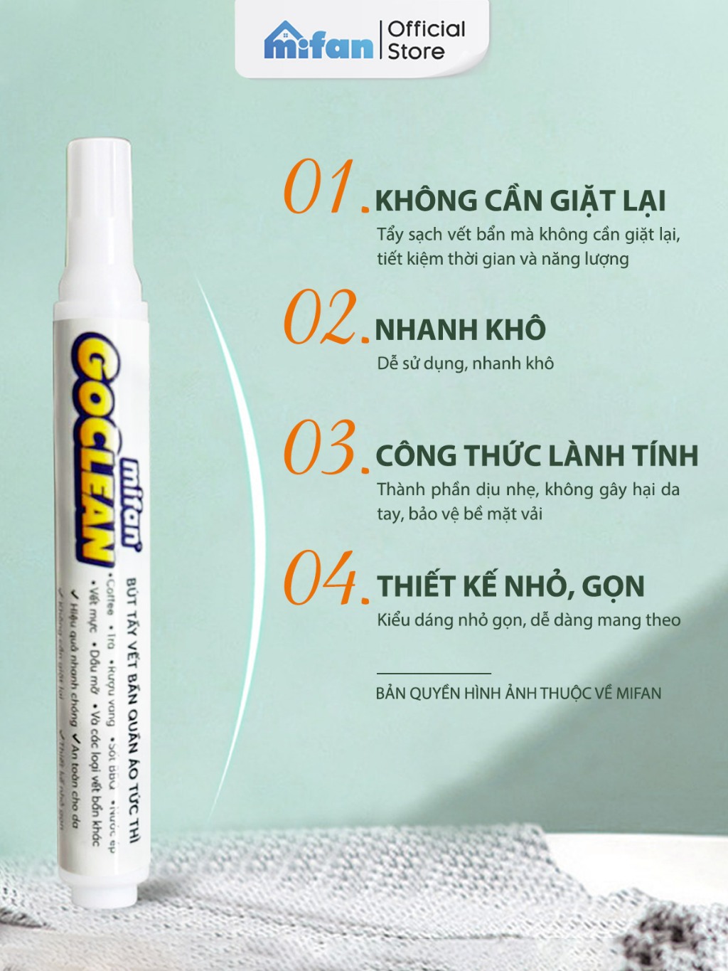 Ảnh Bút Tẩy Vết Bẩn Quần Áo Tức Thì Mifan GOCLEAN 10ml - Không cần giặt, làm sạch nhanh, tiện lợi, an toàn cho mọi loại vải 3