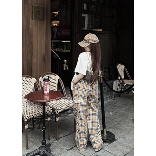 Set Bộ Đồ Nữ Áo Phông Trơn Thụng Phối Lé Viền Cổ Kẻ BBR Mix Quần Xuông Kẻ Be Ống Rộng Freesize
