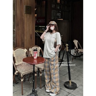 Set Bộ Đồ Nữ Áo Phông Trơn Thụng Phối Lé Viền Cổ Kẻ BBR Mix Quần Xuông Kẻ Be Ống Rộng Freesize