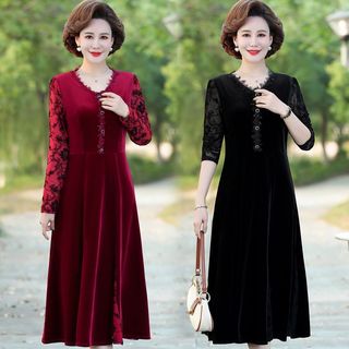 Đầm Nhung Dài Tay Mùa Thu Phối Ren Cho Mẹ VH90