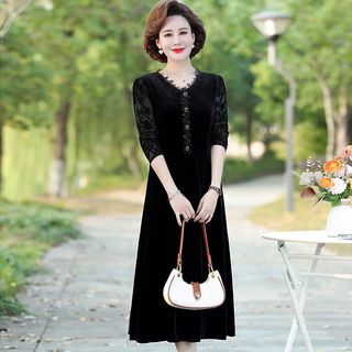 Đầm Nhung Dài Tay Mùa Thu Phối Ren Cho Mẹ VH90