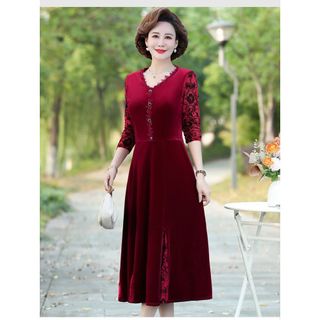 Đầm Nhung Dài Tay Mùa Thu Phối Ren Cho Mẹ VH90