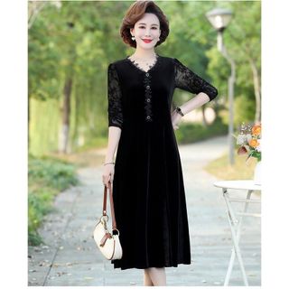 Đầm Nhung Dài Tay Mùa Thu Phối Ren Cho Mẹ VH90