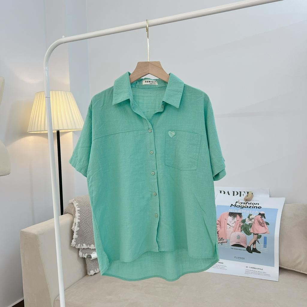 o Sơ Mi Nữ Tay Ngắn Nhiều Màu Phong Cách Hàn Quốc Thêu Trái Tim Cực Xinh Chất Liệu Linen Bột Nhẹ Mát