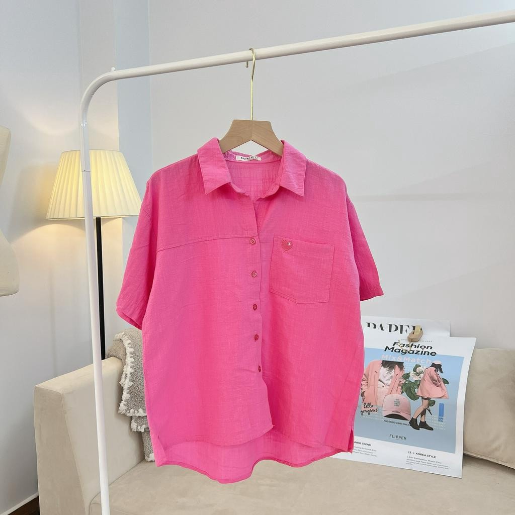 o Sơ Mi Nữ Tay Ngắn Nhiều Màu Phong Cách Hàn Quốc Thêu Trái Tim Cực Xinh Chất Liệu Linen Bột Nhẹ Mát