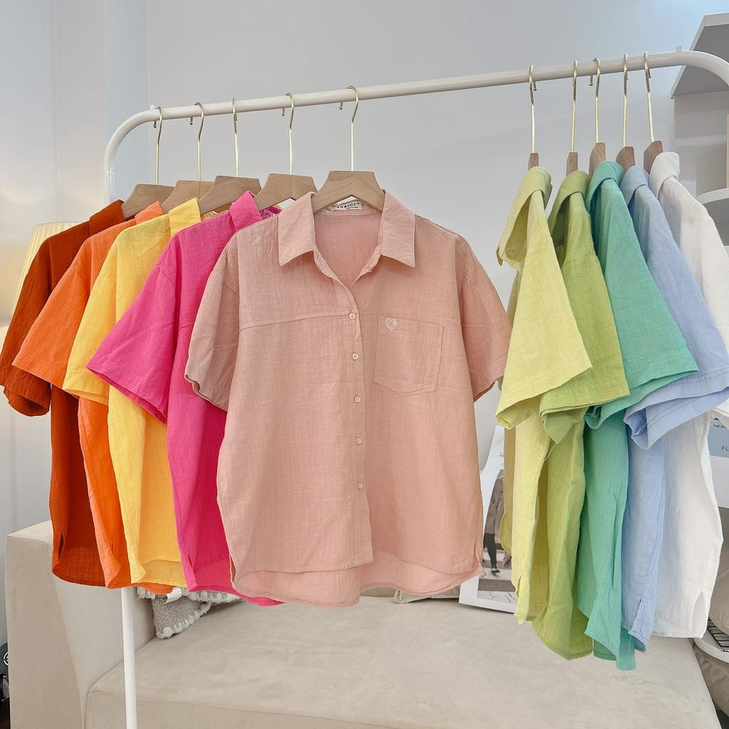 o Sơ Mi Nữ Tay Ngắn Nhiều Màu Phong Cách Hàn Quốc Thêu Trái Tim Cực Xinh Chất Liệu Linen Bột Nhẹ Mát