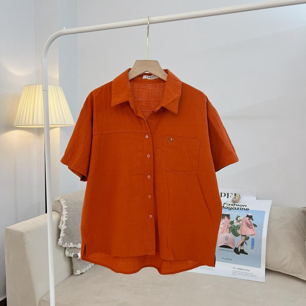 o Sơ Mi Nữ Tay Ngắn Nhiều Màu Phong Cách Hàn Quốc Thêu Trái Tim Cực Xinh Chất Liệu Linen Bột Nhẹ Mát