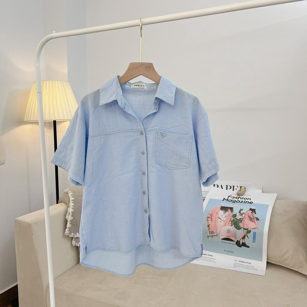 o Sơ Mi Nữ Tay Ngắn Nhiều Màu Phong Cách Hàn Quốc Thêu Trái Tim Cực Xinh Chất Liệu Linen Bột Nhẹ Mát