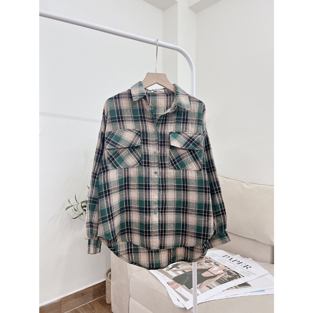 [FLASH SALE] Áo Sơ Mi Caro Nỉ Bông 2 Túi Form Vừa Dành Cho Nữ, Sơ Mi Kẻ Caro Tay Dài Phồng Vạt Bầu Tông Màu Năng Động
