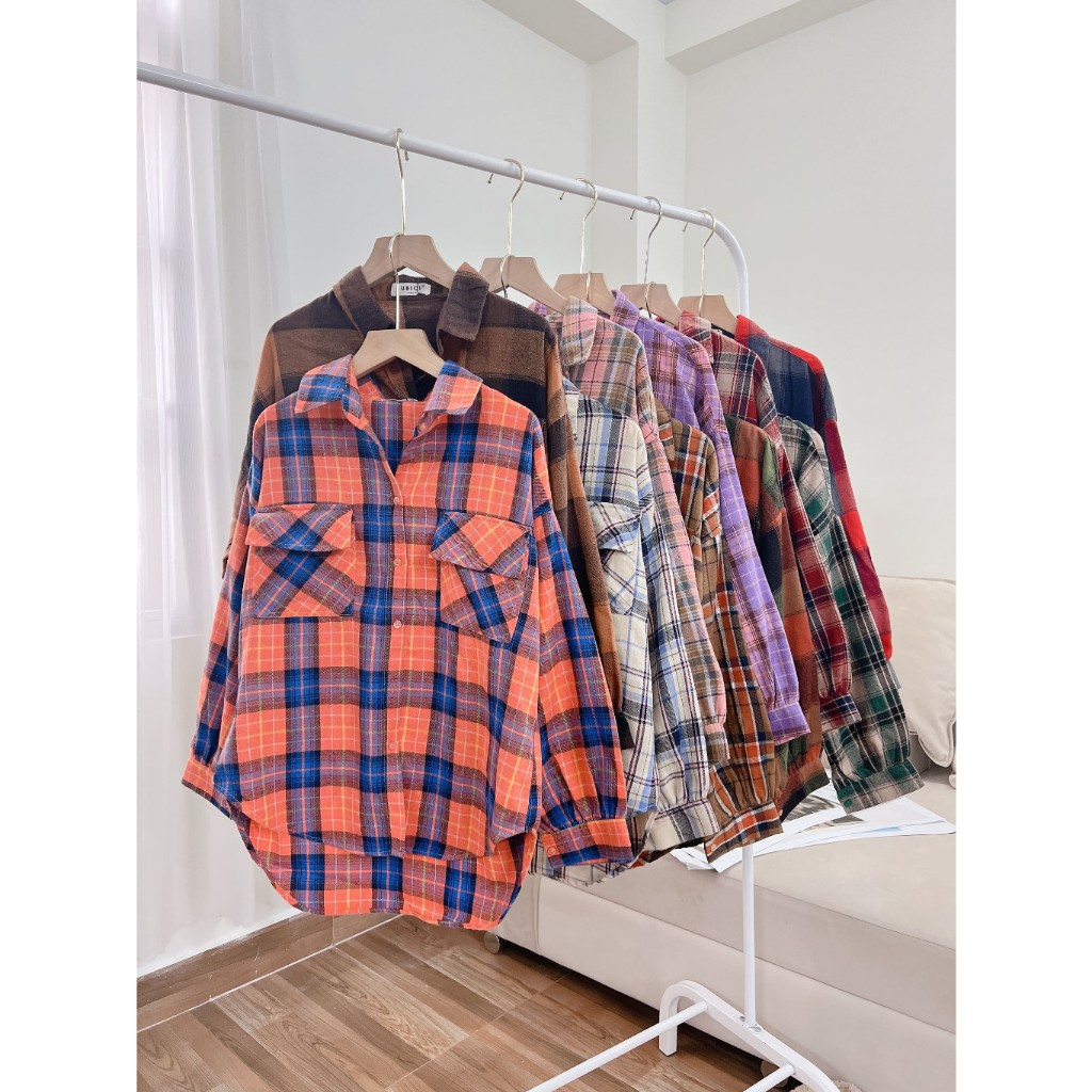 [FLASH SALE] Áo Sơ Mi Caro Nỉ Bông 2 Túi Form Vừa Dành Cho Nữ, Sơ Mi Kẻ Caro Tay Dài Phồng Vạt Bầu Tông Màu Năng Động