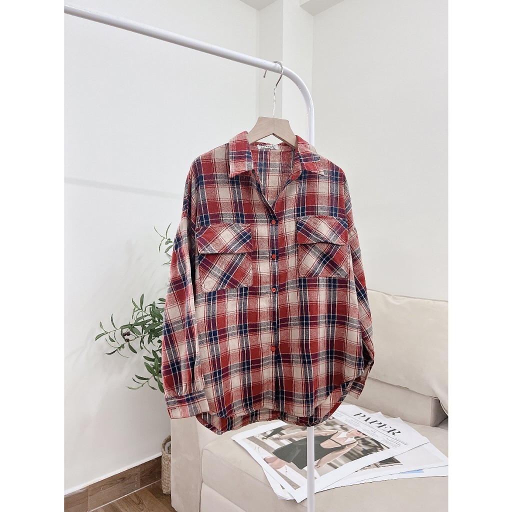 [FLASH SALE] Áo Sơ Mi Caro Nỉ Bông 2 Túi Form Vừa Dành Cho Nữ, Sơ Mi Kẻ Caro Tay Dài Phồng Vạt Bầu Tông Màu Năng Động