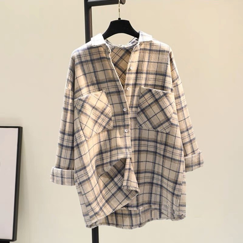 [FLASH SALE] Áo Sơ Mi Caro Nỉ Bông 2 Túi Form Vừa Dành Cho Nữ, Sơ Mi Kẻ Caro Tay Dài Phồng Vạt Bầu Tông Màu Năng Động