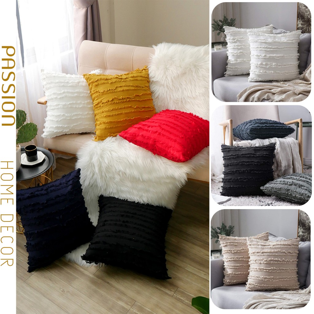 Vỏ Gối Tựa Lưng Gối Sofa Sọc Tua Rua Vải Lanh Trơn Màu