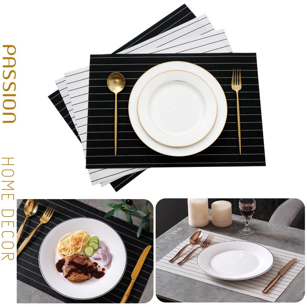 Tấm Lót Bàn Ăn Placemat PVC Trang Trí Bàn Ăn Nhà Hàng, Khách Sạn Họa Tiết Gân Trơn, Sọc Trắng Đen Phong Cách Phương Tây