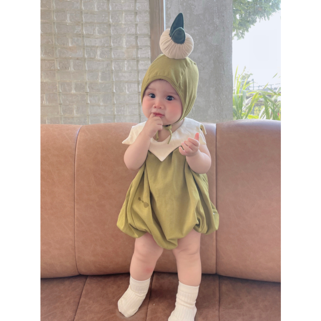 (HÀNG CÓ SẴN )Set bộ bodysuit cover HÀNH XANH kèm mũ tặng tất trắng cho em bé 4-14kg dễ thương chuẩn loại 1 mũ to ......