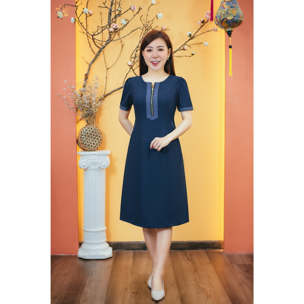 Ảnh Đầm suông trung niên Cổ tròn tay ngắn Màu Xanh jean TTV Store thời trang nữ TTV1557 2