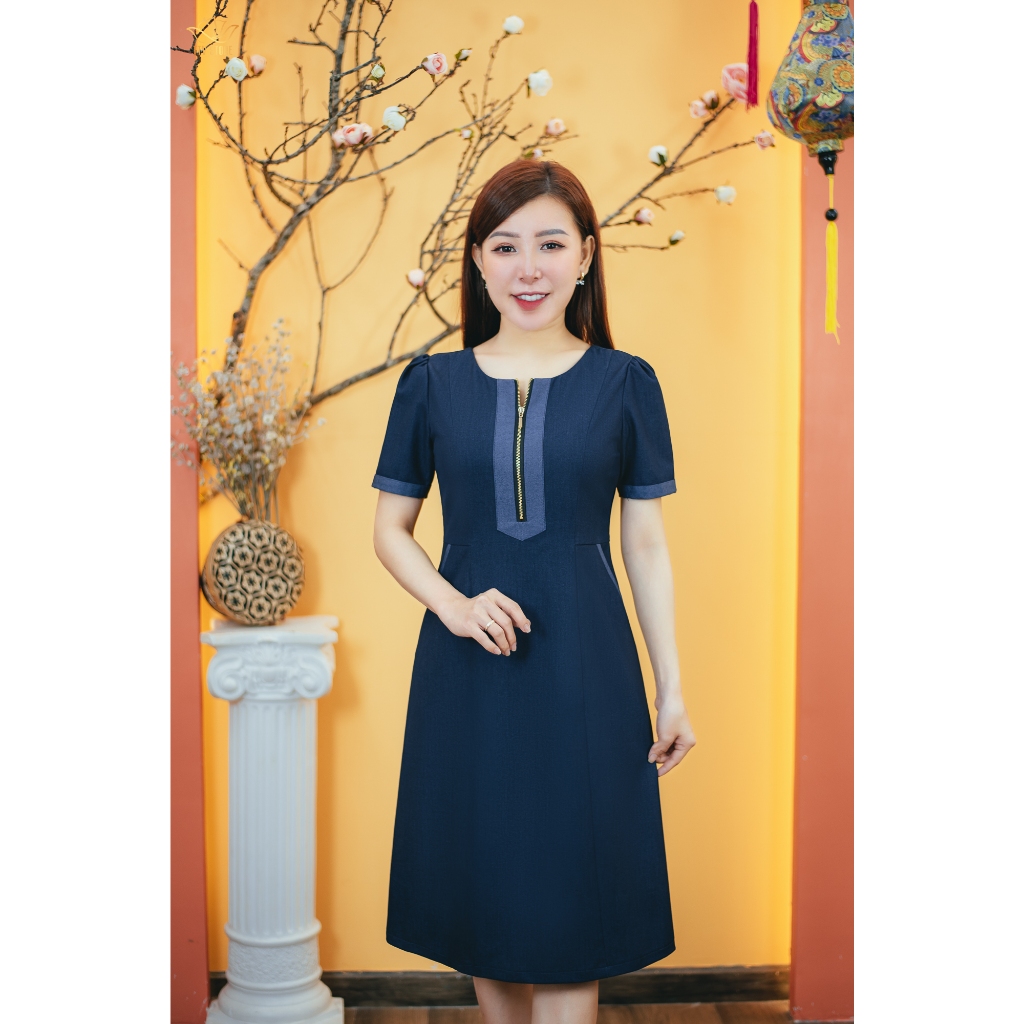 Ảnh Đầm suông trung niên Cổ tròn tay ngắn Màu Xanh jean TTV Store thời trang nữ TTV1557 1