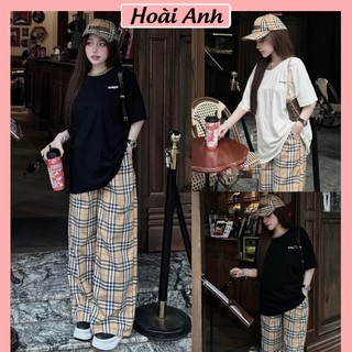 Set Bộ Đồ Nữ Áo Phông Trơn Thụng Phối Lé Viền Cổ Kẻ BBR Mix Quần Xuông Kẻ Be Ống Rộng Freesize