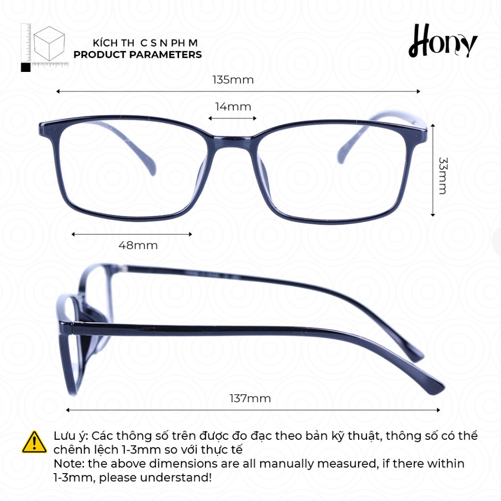 Mắt kính Unisex thời trang HONY - Gọng nhựa form chữ nhật cao cấp