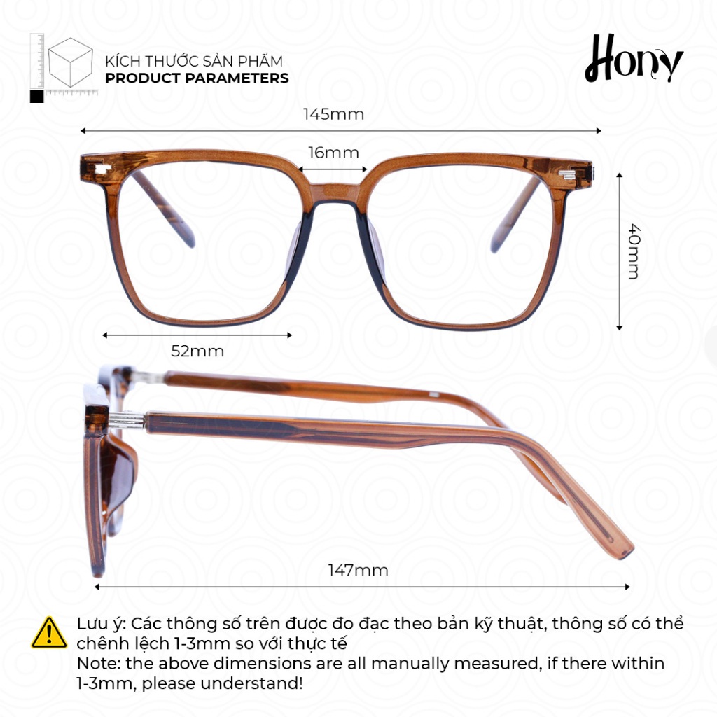 Mắt kính Unisex thời trang HONY - Gọng kính vuông nhựa cứng phong cách