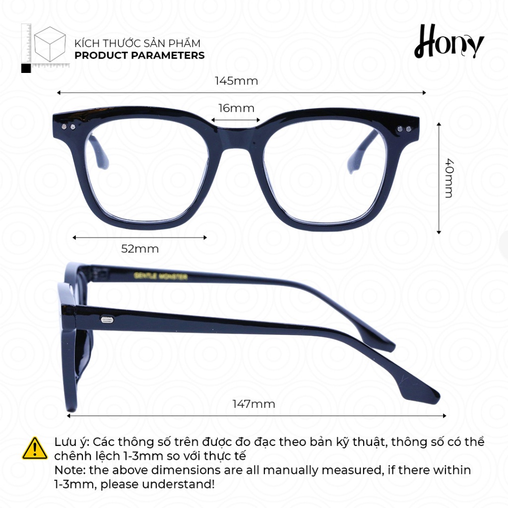 Mắt kính Unisex thời trang HONY - Gọng kính vuông nhựa cứng bo tròn cách điệu thời trang