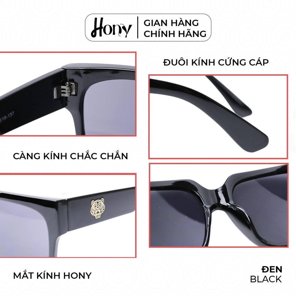 Kính râm Unisex thời trang HONY, tròng xám khung nhựa đen phong cách