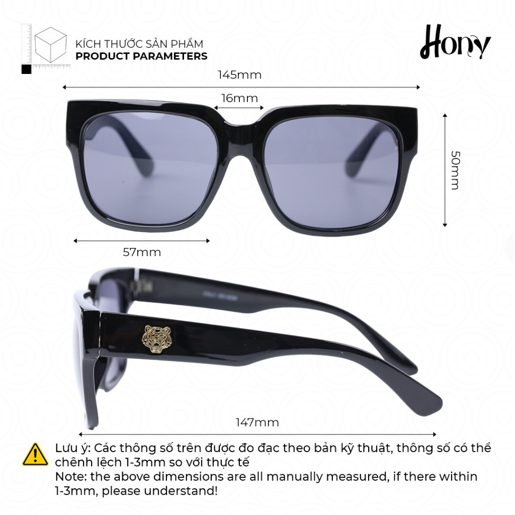 Kính râm Unisex thời trang HONY, tròng xám khung nhựa đen phong cách
