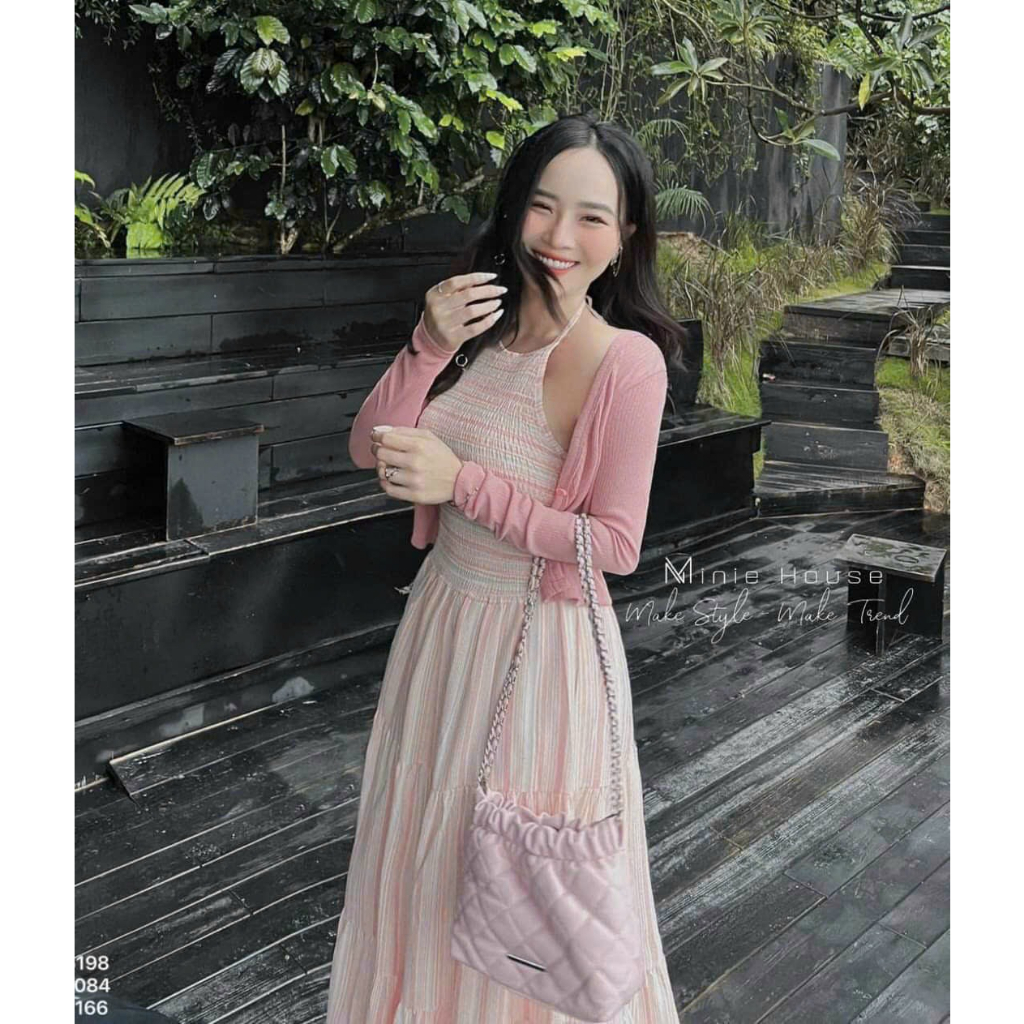 Set đầm khoác - Đầm váy maxi nữ cổ yếm mocking dáng dài kèm khoác ngoài màu xanh và hồng pastel đi biển siêu xinh