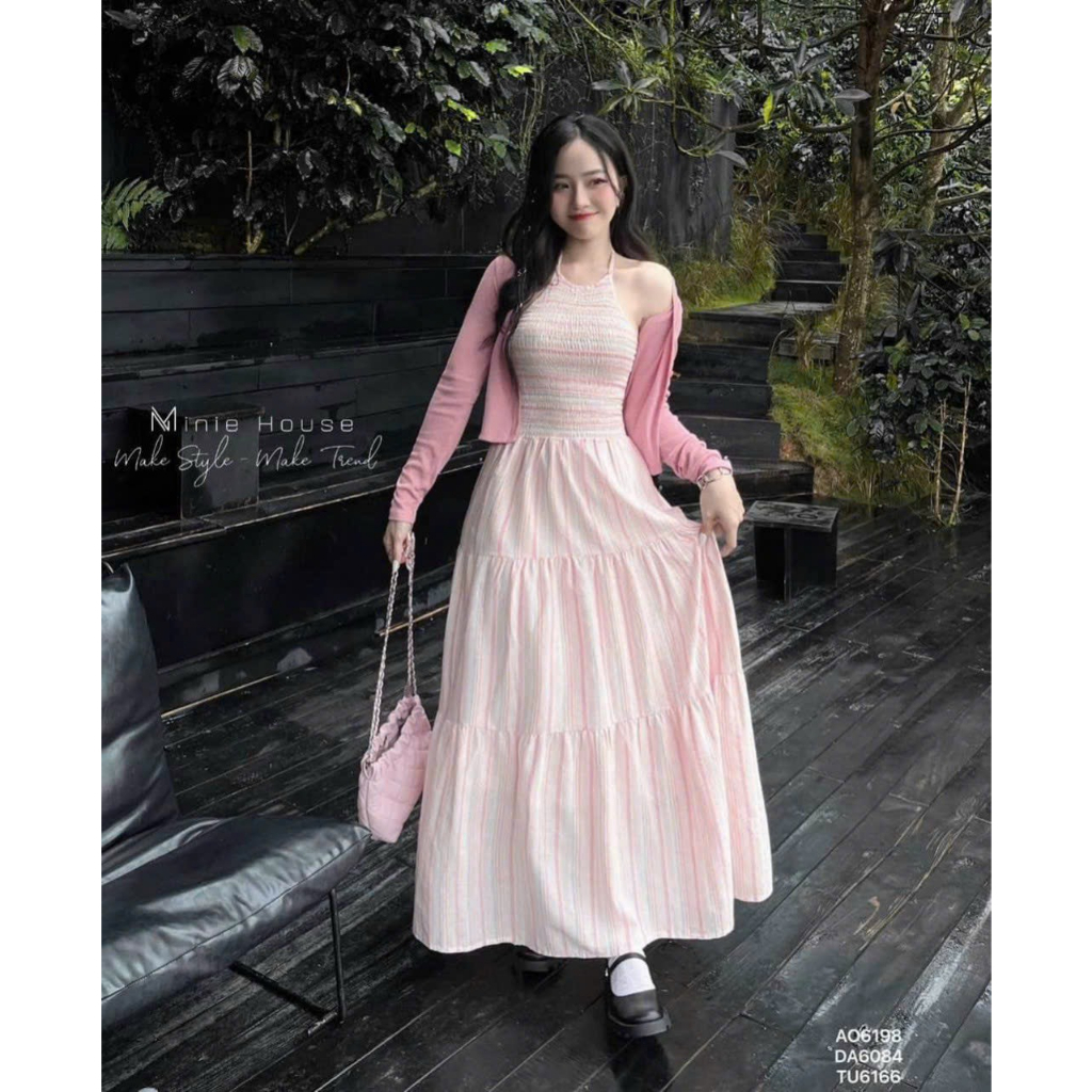 Set đầm khoác - Đầm váy maxi nữ cổ yếm mocking dáng dài kèm khoác ngoài màu xanh và hồng pastel đi biển siêu xinh