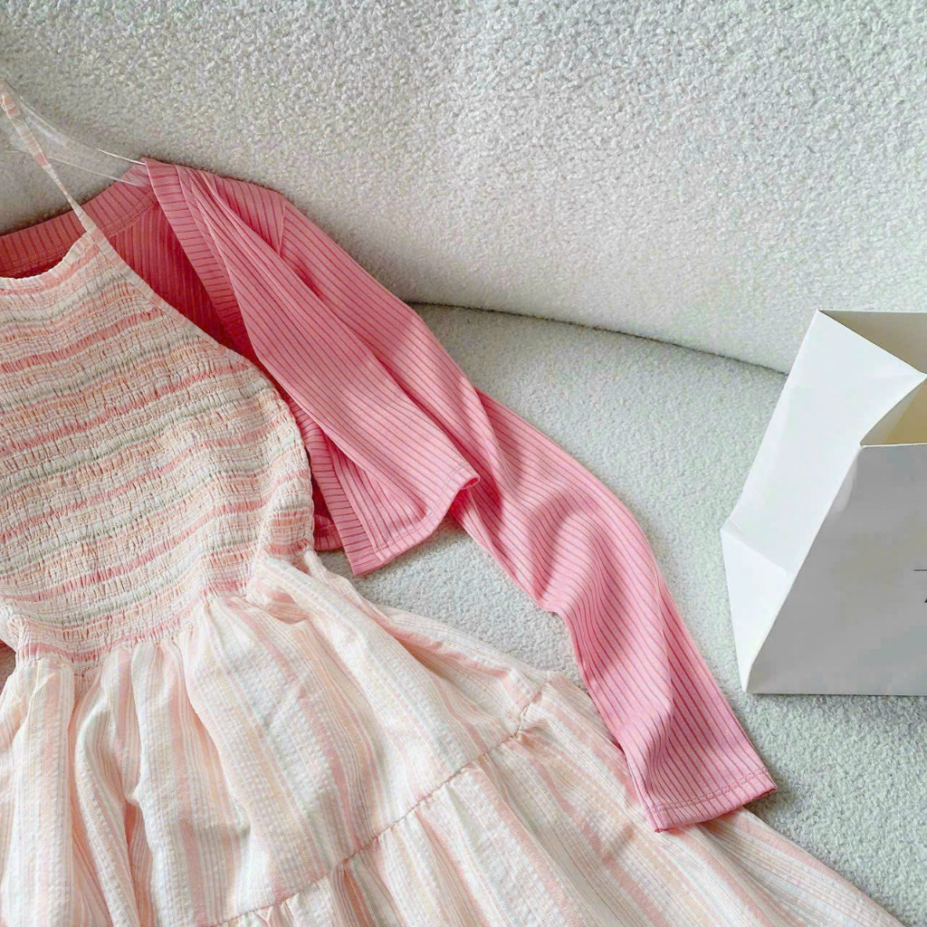 Set đầm khoác - Đầm váy maxi nữ cổ yếm mocking dáng dài kèm khoác ngoài màu xanh và hồng pastel đi biển siêu xinh