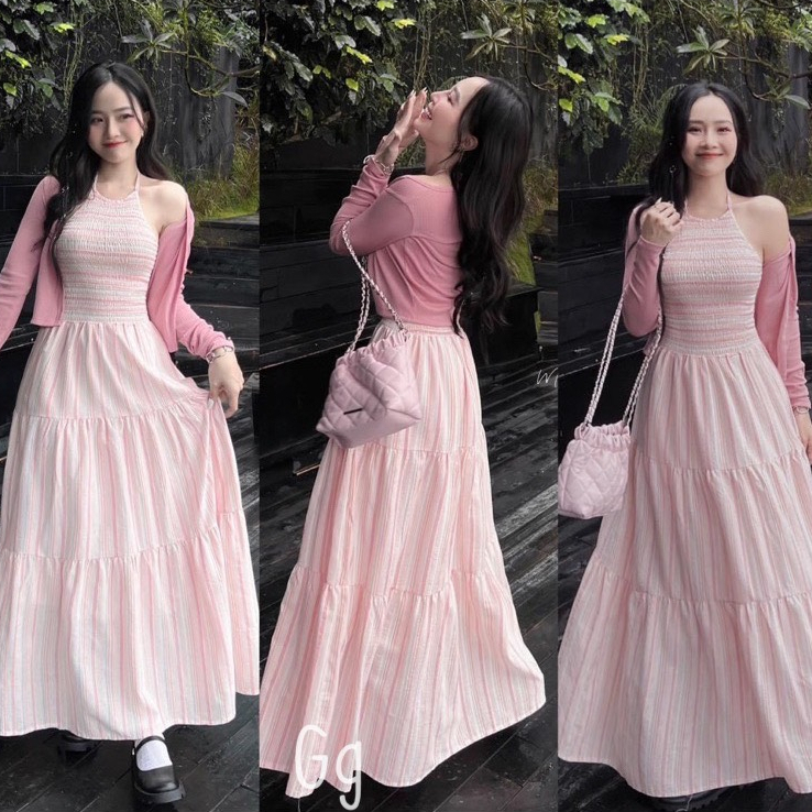Set đầm khoác - Đầm váy maxi nữ cổ yếm mocking dáng dài kèm khoác ngoài màu xanh và hồng pastel đi biển siêu xinh