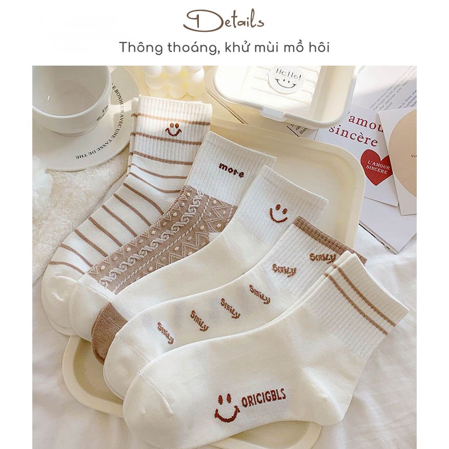 Tất vớ nam nữ cổ cao set 5 đôi họa tiết trẻ trung, chất liệu cotton Hàn Quốc thoáng khí - Ekiu Shop