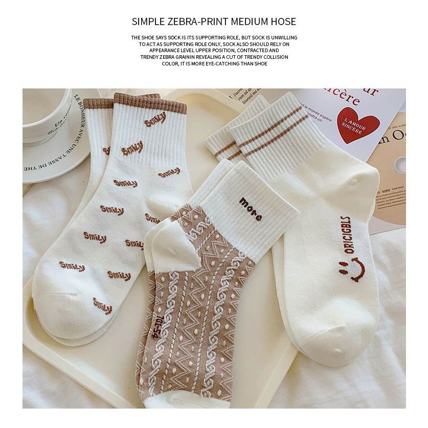 Tất vớ nam nữ cổ cao set 5 đôi họa tiết trẻ trung, chất liệu cotton Hàn Quốc thoáng khí - Ekiu Shop