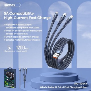 Cáp sạc nhanh 3 đầu 66W Remax RC-199th 3in1 TypeC / LN cho Táo / MicroUSB max 6A - dây bọc dù 1.2m có truyền dữ liệu