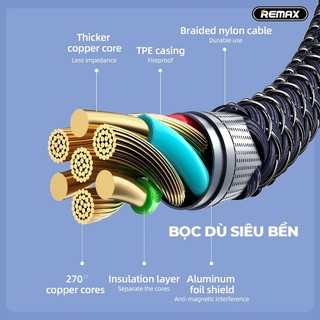 Cáp sạc nhanh 3 đầu 66W Remax RC-199th 3in1 TypeC / LN cho Táo / MicroUSB max 6A - dây bọc dù 1.2m có truyền dữ liệu