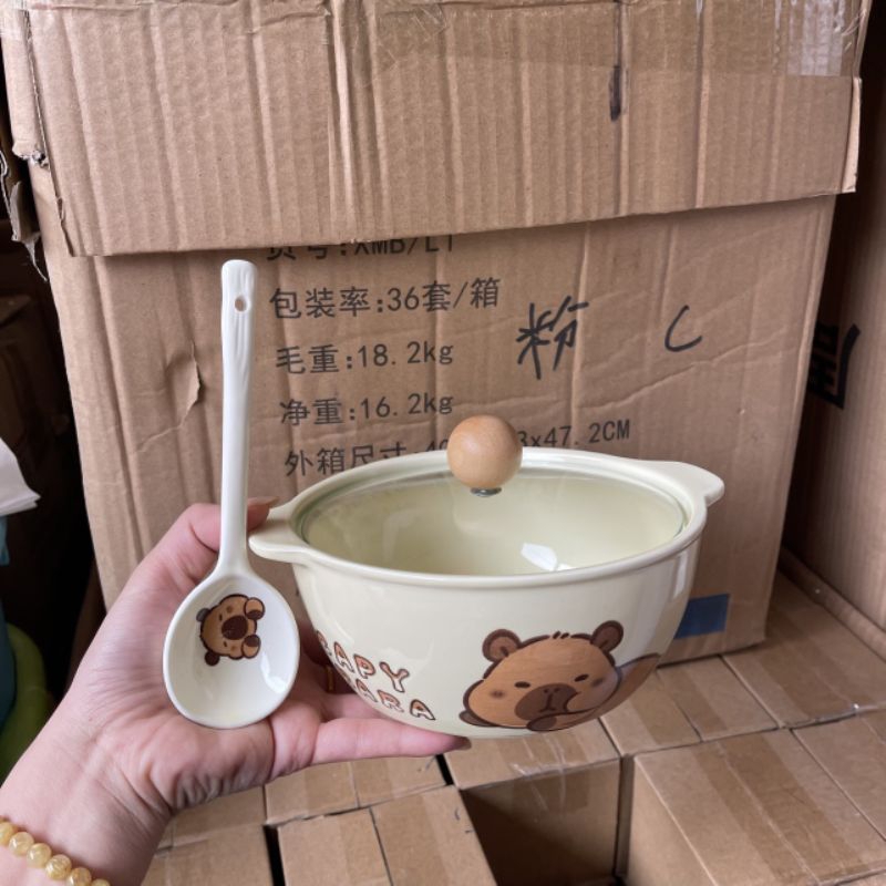 set nồi sứ kèm thìa hình gấu dễ thương