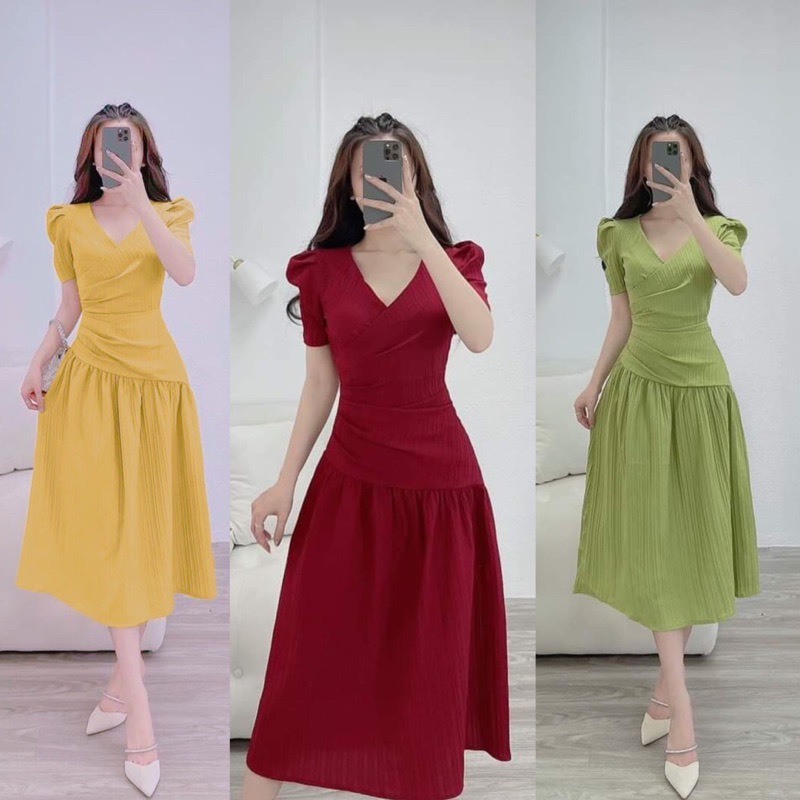 [ HÌNH CHỤP THẬT 100%]Đầm dạo phố công sở cổ V nhún hông tôn dáng 3 màu