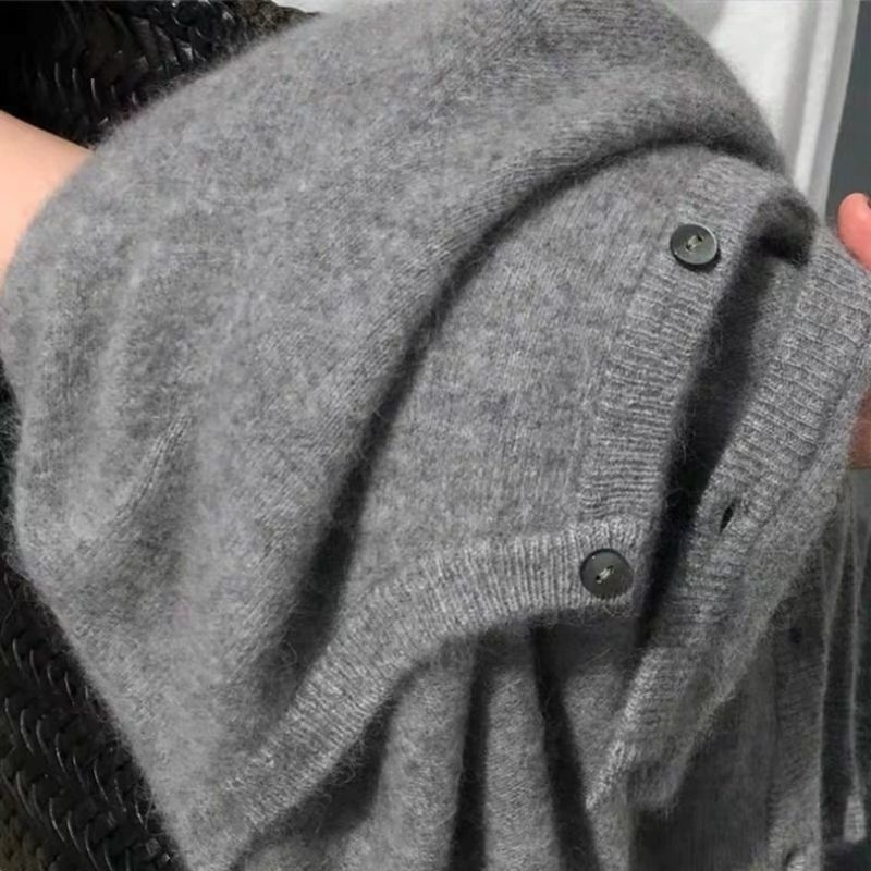 Áo khoác len nữ phong cách Hàn Quốc cổ tròn màu xám nhẹ nhàng, áo cardigan dệt kim dáng rộng phong cách retro
