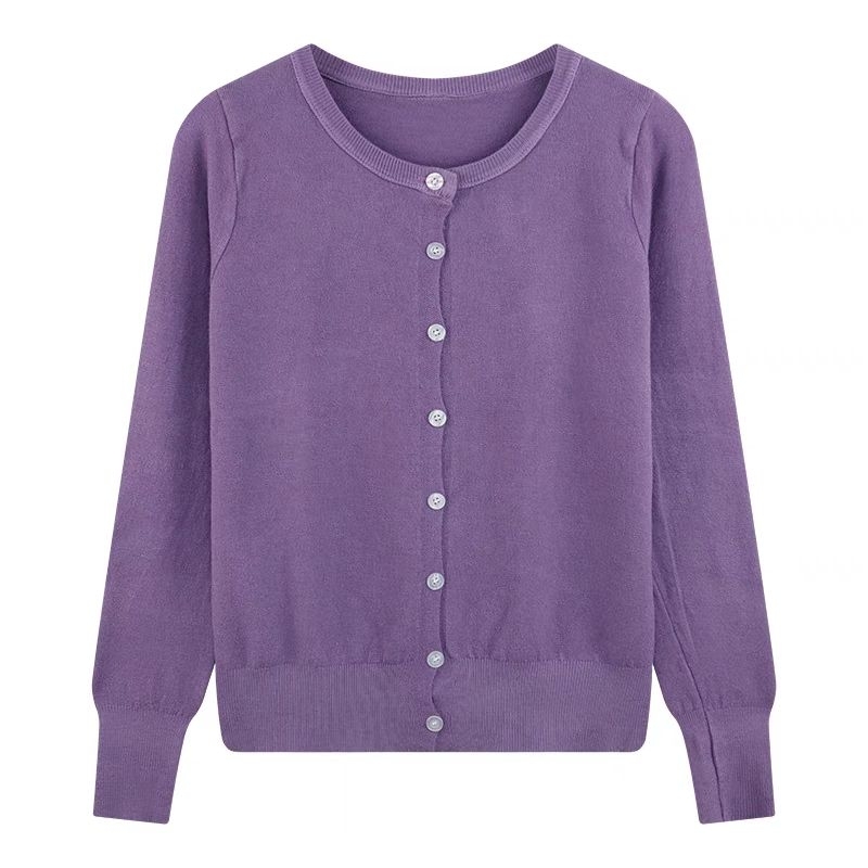 Áo khoác len nữ phong cách Hàn Quốc cổ tròn màu xám nhẹ nhàng, áo cardigan dệt kim dáng rộng phong cách retro