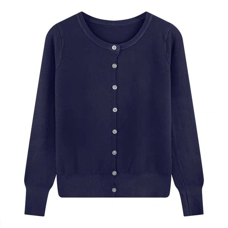 Áo khoác len nữ phong cách Hàn Quốc cổ tròn màu xám nhẹ nhàng, áo cardigan dệt kim dáng rộng phong cách retro