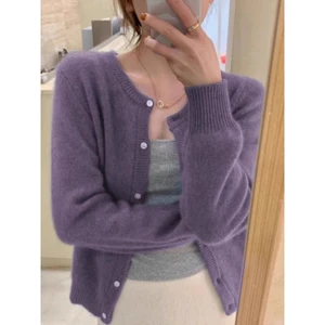 Áo khoác len nữ phong cách Hàn Quốc cổ tròn màu xám nhẹ nhàng, áo cardigan dệt kim dáng rộng phong cách retro