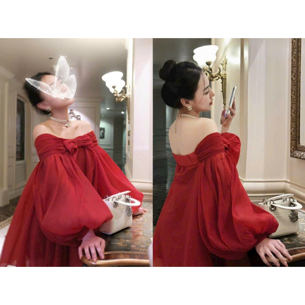 Đầm ngắn nữ kiểu babydoll trễ vai tay bồng xòe thắt nơ 2 lớp cao cấp chất voan tơ- D03