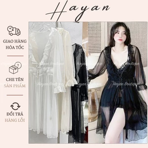 HT298 Áo choàng ngủ sexy tay dài, áo choàng dáng dài ren xuyên thấu mềm mại gợi cảm HT298