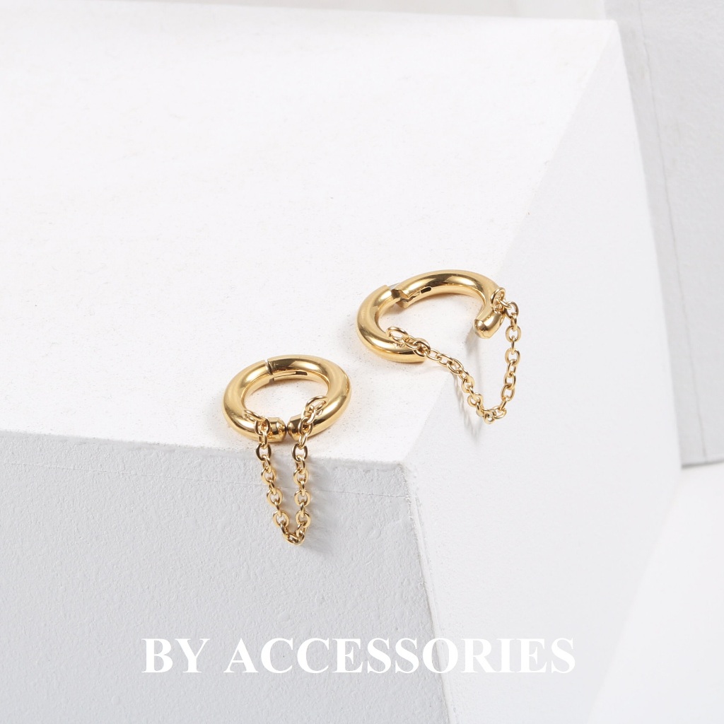Bông tai nữ unisex titan kiểu tròn phối xích dạng kẹp gắn vành tai không cần bấm lỗ tai không gỉ EC6
