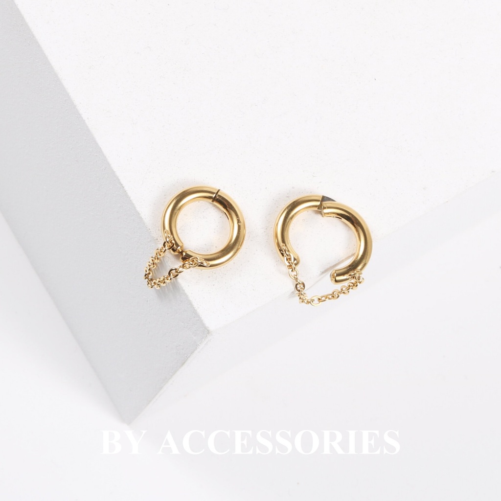 Bông tai nữ unisex titan kiểu tròn phối xích dạng kẹp gắn vành tai không cần bấm lỗ tai không gỉ EC6