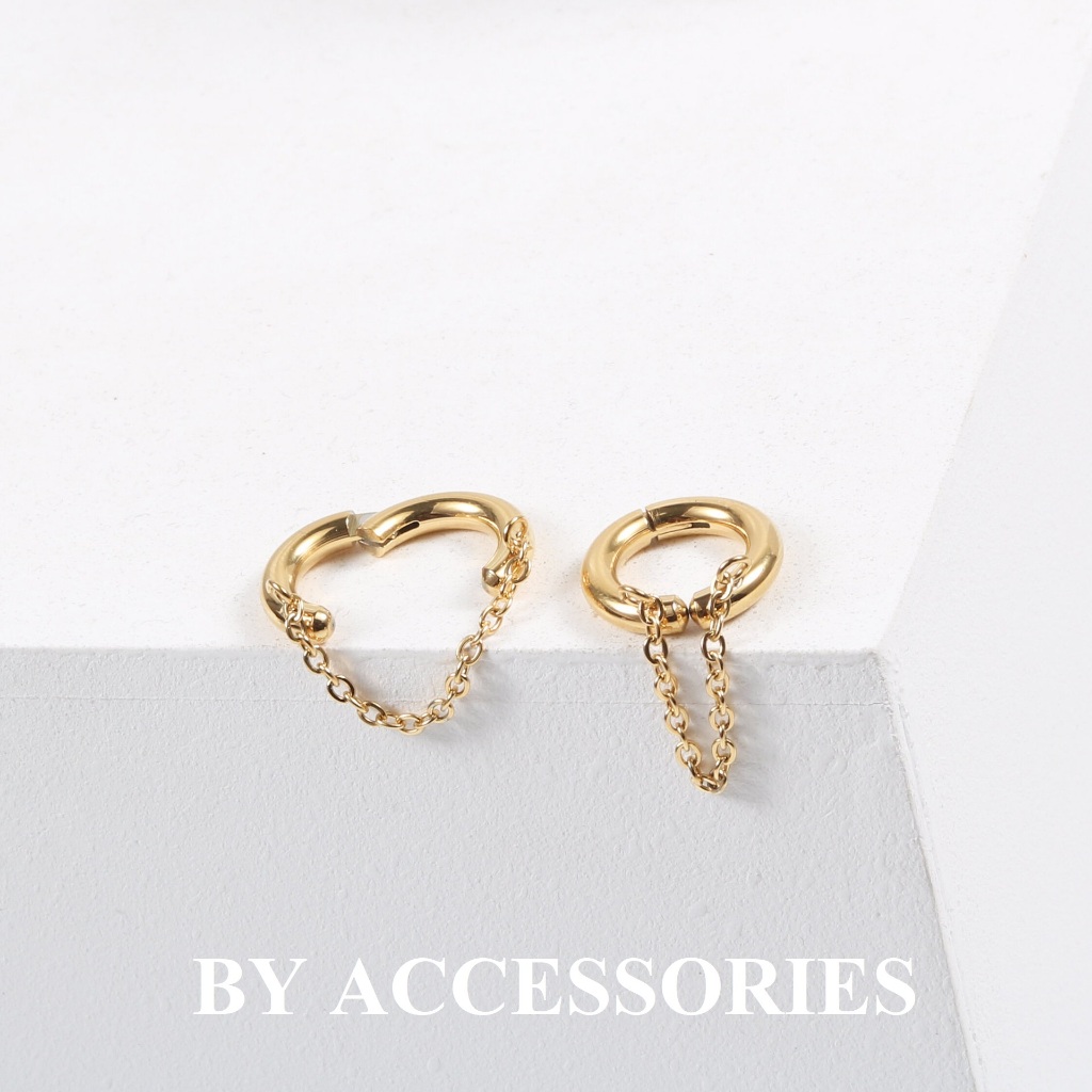 Bông tai nữ unisex titan kiểu tròn phối xích dạng kẹp gắn vành tai không cần bấm lỗ tai không gỉ EC6